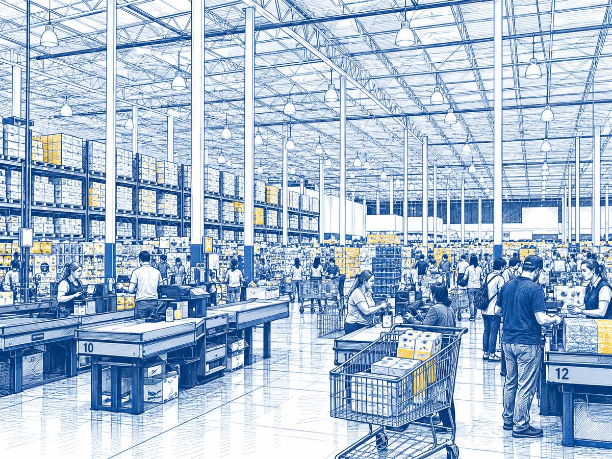 Blue ink illustration of a busy warehouse club checkout